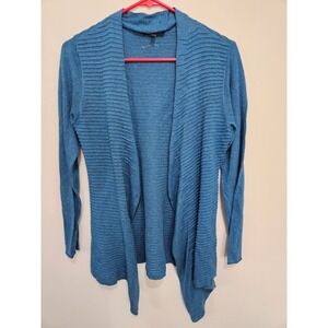Eileen Fisher Petite Blue Ribbed Knit Open Front Cardigan Cotton Linen Blend PS